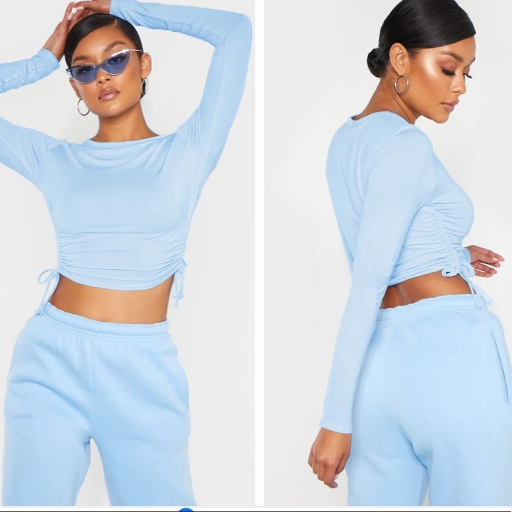 Baby Blue Jersey Ruched Side Long Sleeve Crop Top